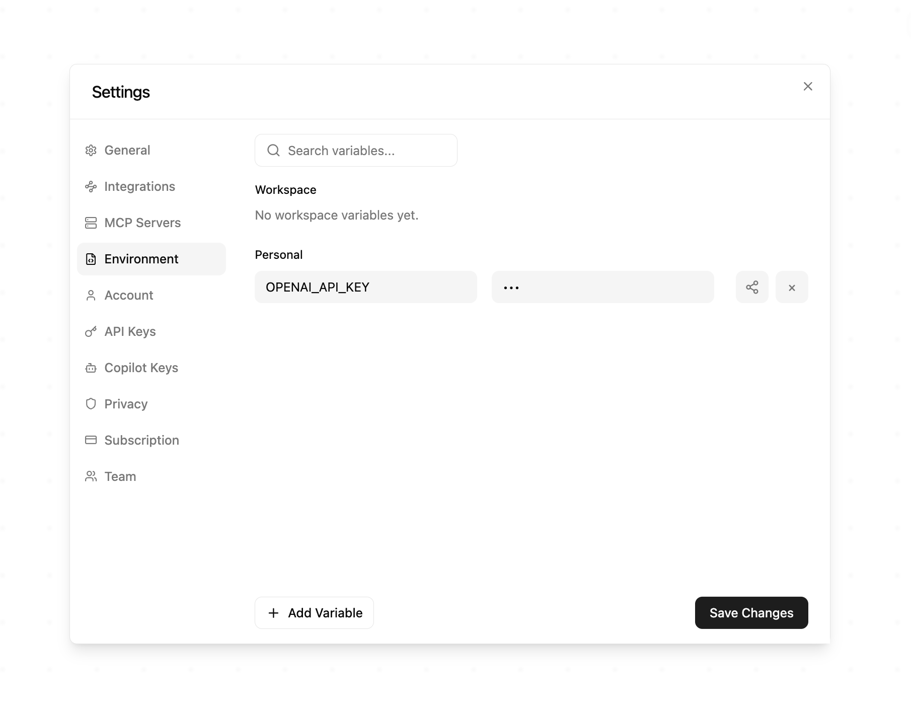 Environment variables modal for creating new variables